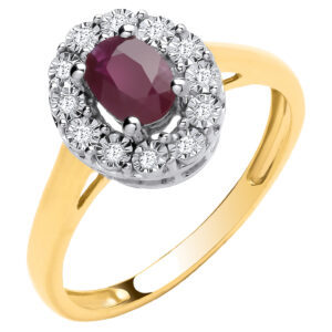0.50ct Ruby & Diamond Halo Dress Ring – 9ct Yellow Gold