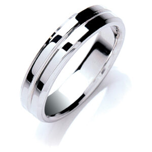 5mm Flat Court Bevelled Edge Centre Groove Polish Wedding Band – 18ct White Gold