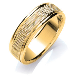 7mm Flat Court Mill Grain Centre Wedding Band – 18ct Yellow Gold