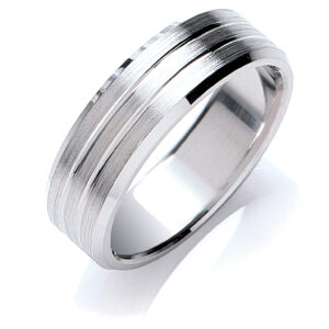 7mm Flat Court Bevelled Edge Matt & Grooves Wedding Band – 18ct White Gold