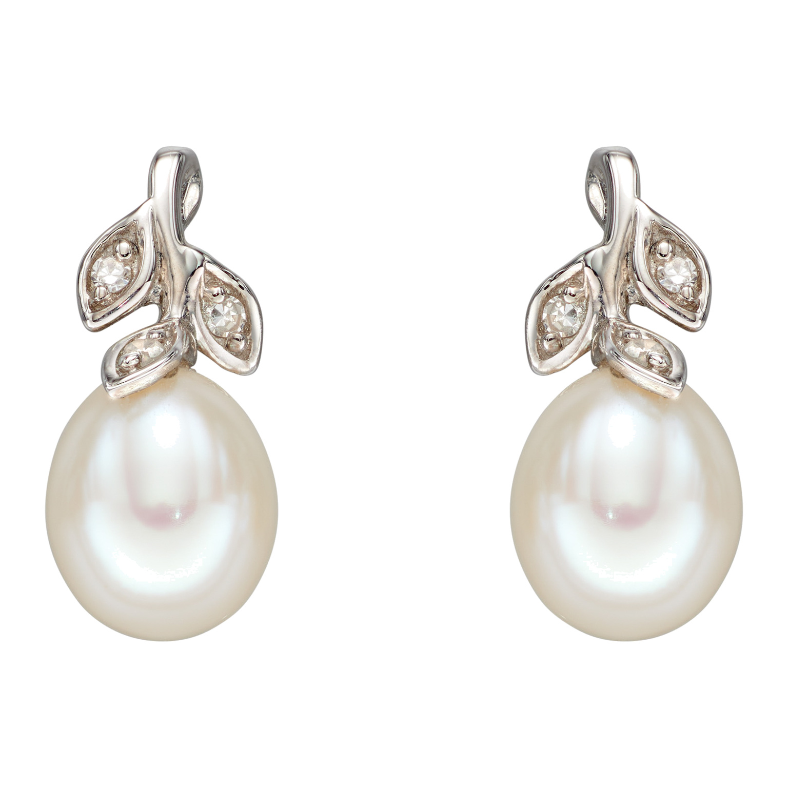9ct white gold stud earrings with freshwater pearl and diamonds