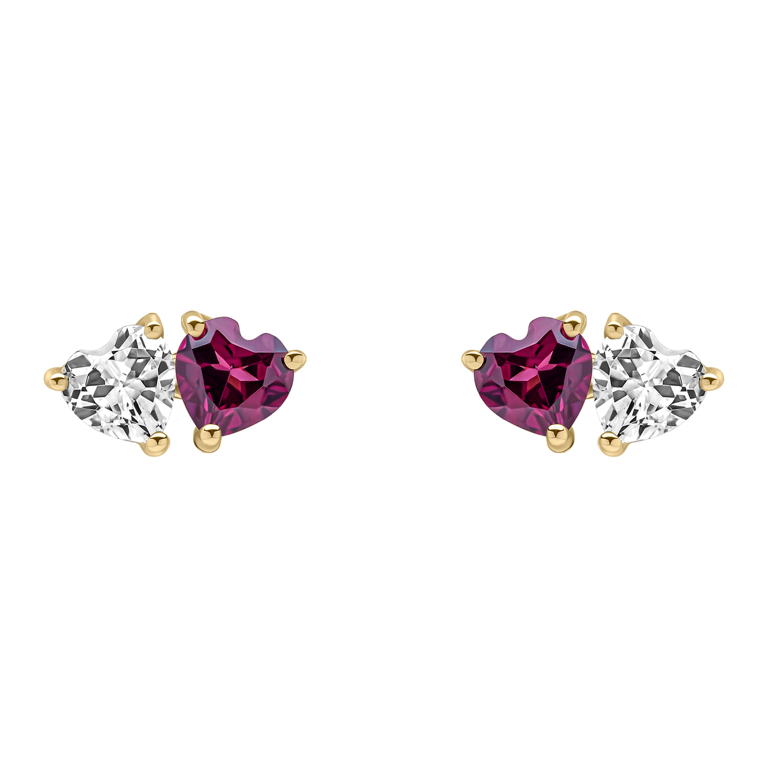 9ct yellow gold stud earrings with rhodolite garnet and white topaz