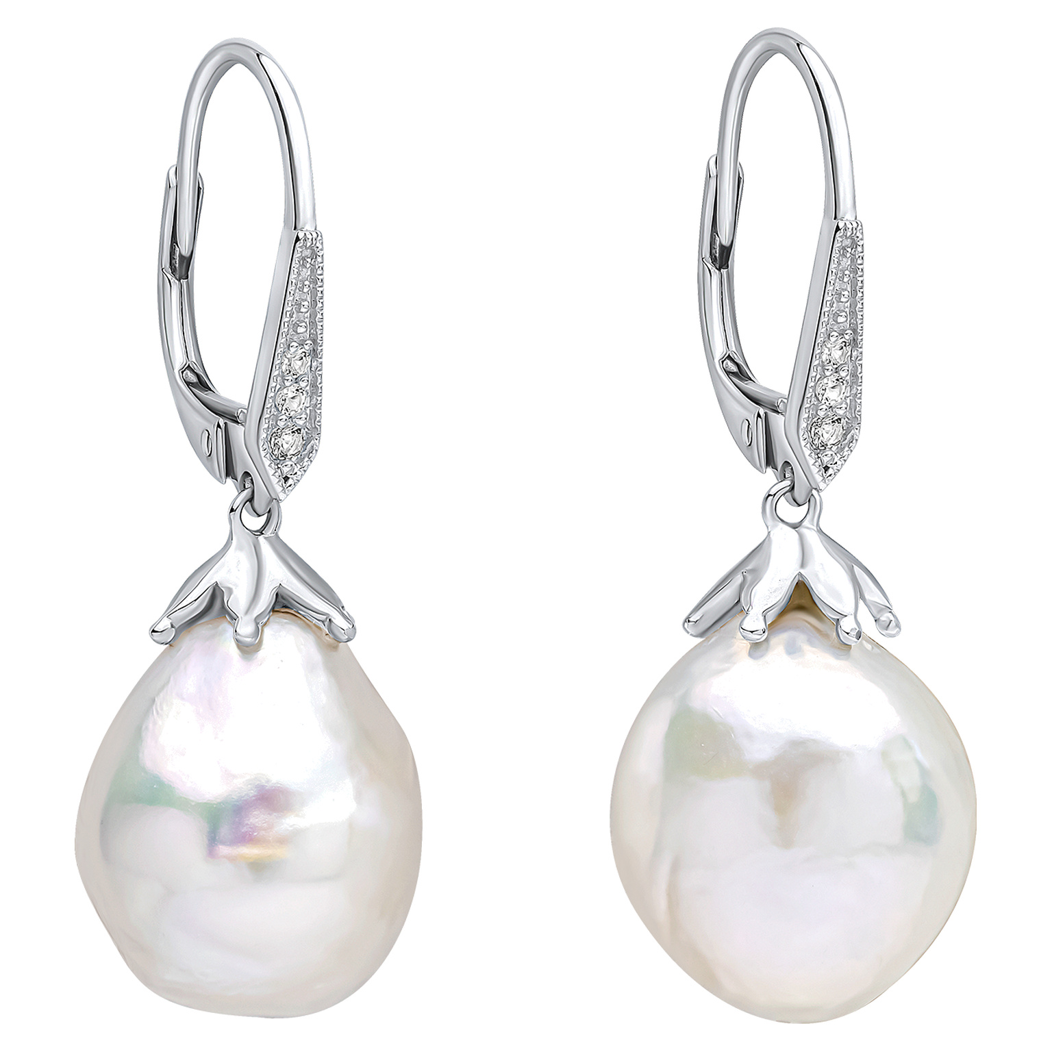 9ct white gold drop earrings with baroque freshwater pearl and white topaz and freshwater pearl